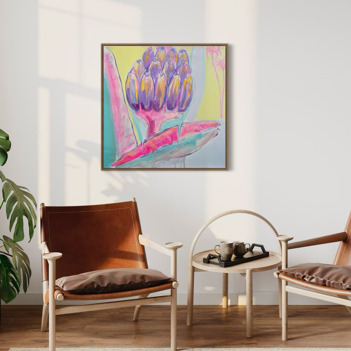 Organic Botanical Acrylic Painting By Kathryn Sillince, 22 X 22", Pink And Blue Banana Study, Original Artwork