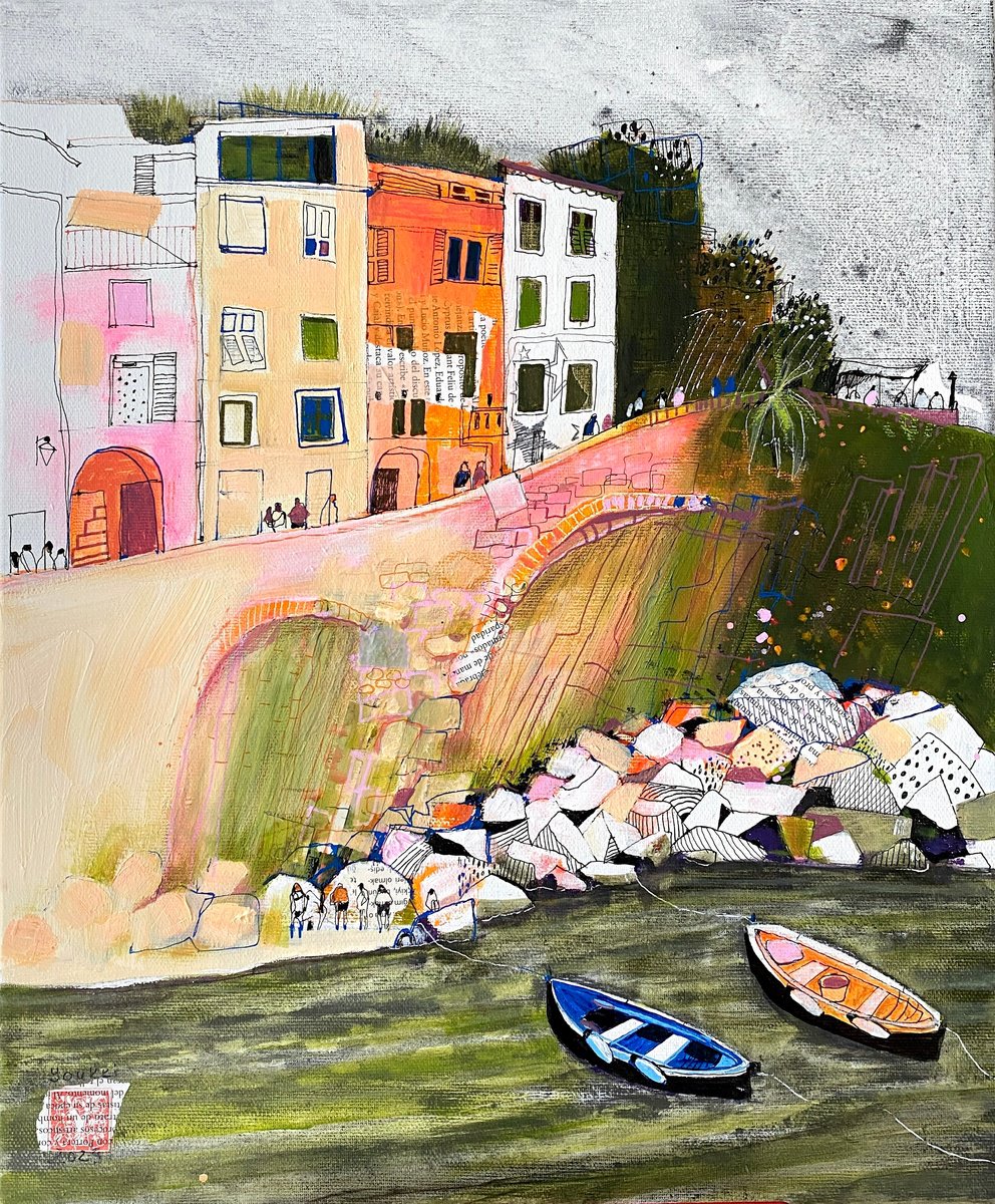 Impressionistic Cityscapes Acrylic Painting By Anastasia Mamoshina, 15 X 18, Boats In Vernazza, Original Artwork