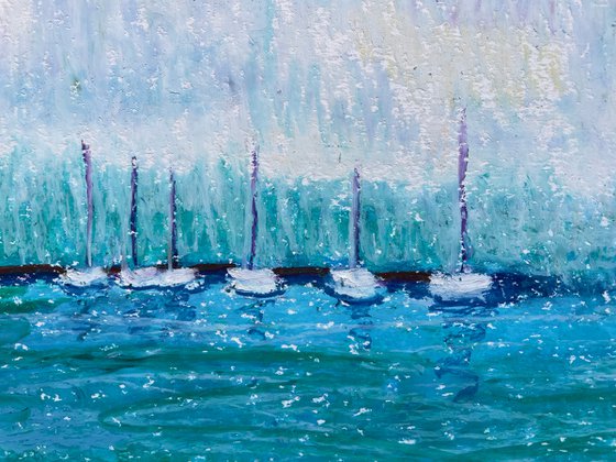 Sea Original Painting, Boats Oil Pastel Drawing, Greece Seascape Art, Blue Home Decor