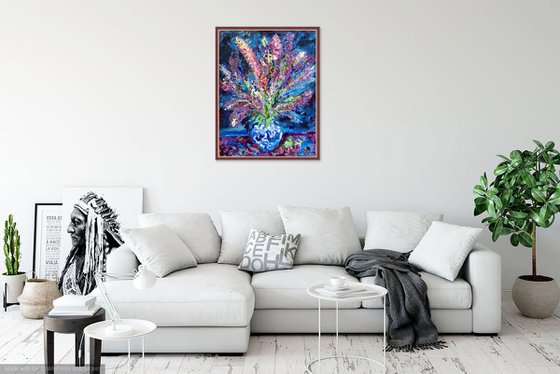 BOUQUET IN A BLUE VASE - Still life vanity with summer flowers, floral art, original painting, oil on canvas,  lupine flower in blue, interior art home decor, size 90x70
