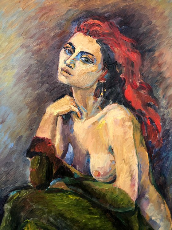 ART NOUVEAU - portrait of a naked woman with red hair gift for him home bachelor living room art