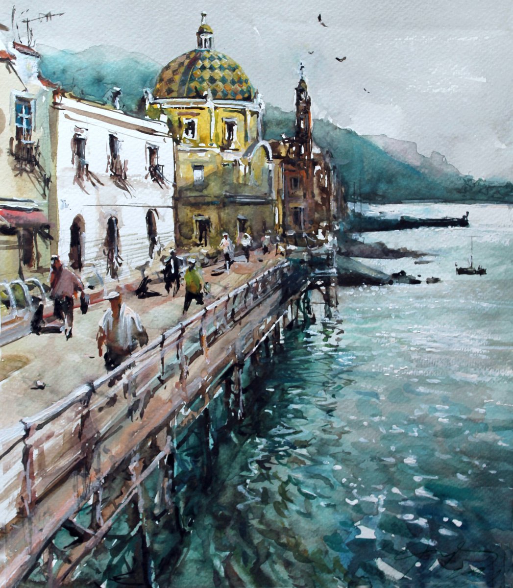Impressionistic Landscape Watercolour By Maximo Damico, 12 X 13", Sorrento Life, Original Artwork