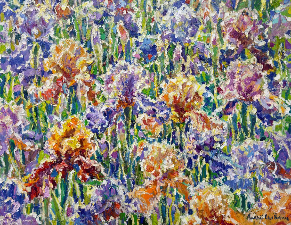 Impressionistic Botanical Oil Painting By Andrii Chebotaru, 35 X 28, Dance Of Irises, Original Artwork