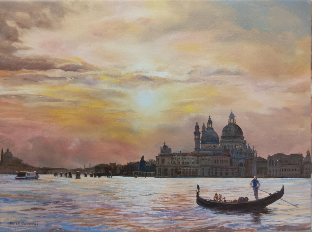 Impressionistic Cityscapes Oil Painting By Peter Goodhall, 21 X 17", Venetian Sunset, Original Artwork