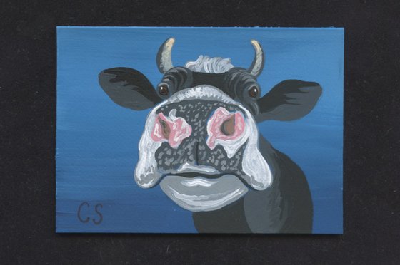 ACEO ATC Original Miniature Painting Cow Farmyard Art-Carla Smale