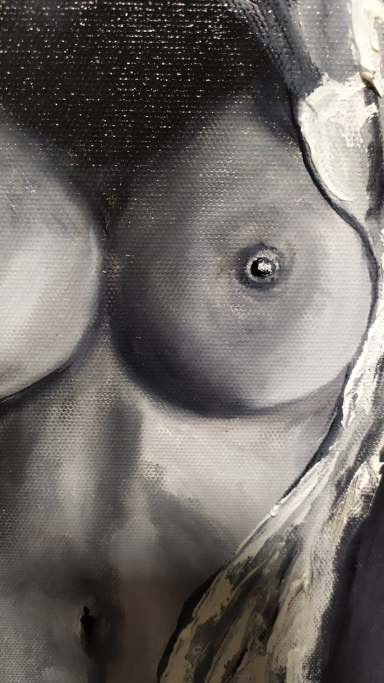 Hot girl, original erotic nude black and white oil painting, gift idea