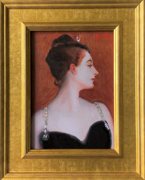 Madame X study after Singer Sargent, oil painting, with wooden frame.