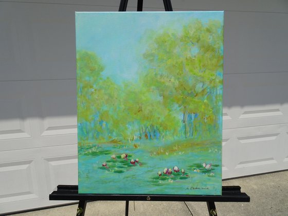 Water Lily Pond Medium Floral Painting. Green Painting on Canvas. Modern Impressionism Art
