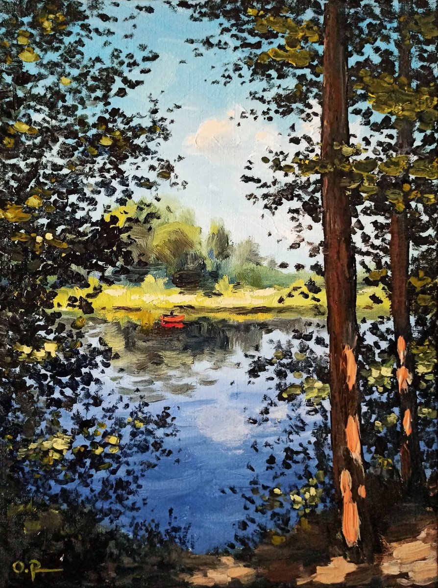 Impressionistic Landscape Oil Painting By Oleh Rak, 12 X 16", Sunny Bank, Original Artwork