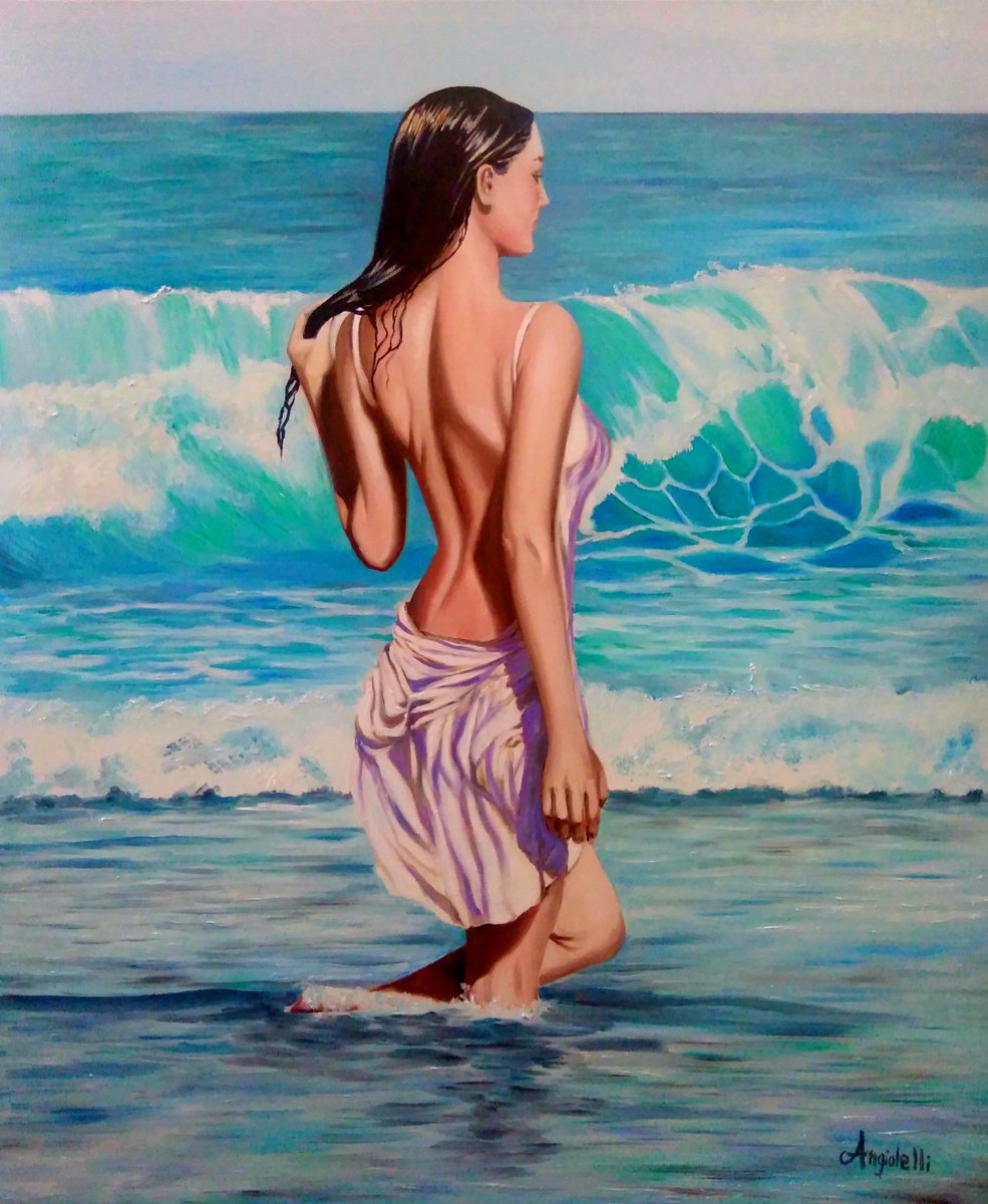 Photorealistic Landscape Oil Painting By Anna Rita Angiolelli, 20 X 24, Waves, Original Artwork
