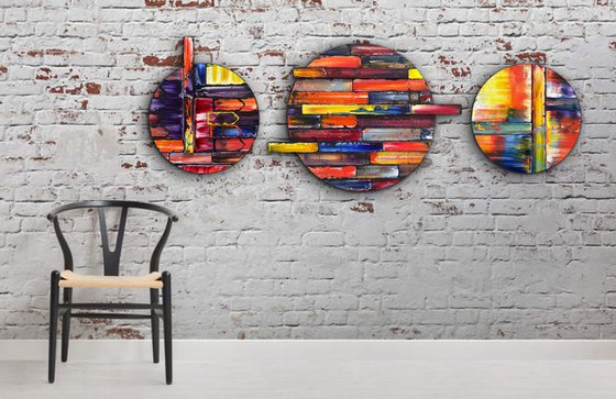 "Can We Tag Along?" - Save As A Series - Original PMS Sculptural Oil Painting Assemblage Triptych On Circular Wooden Panels - 68 x 25 inches