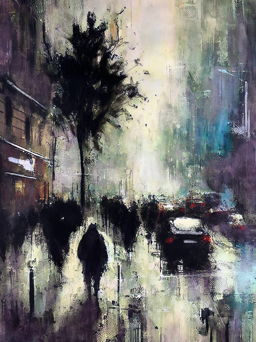 Impressionistic Cityscapes Acrylic Painting By Sinisa Alujevic, 13 X 17", Echoes In The Rain, Original Artwork