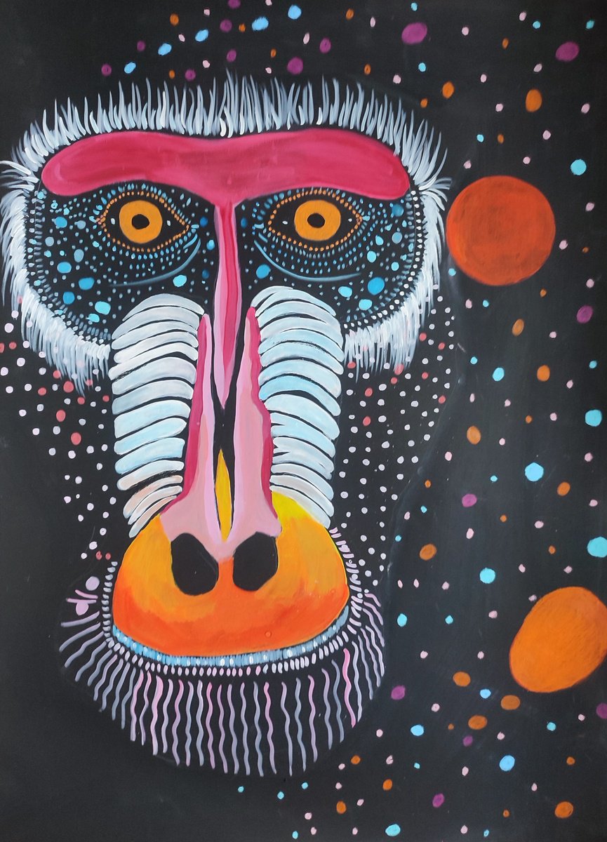 Urban And Pop Animal Painting By Kira K. Sadian, 20 X 28", Mandrill N1, Original Artwork