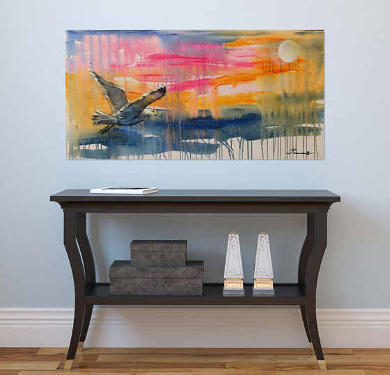 Bright horizontal painting - "Seagull in flight" - Pop Art - Bird - California - Miami - Sea - Ocean - Sunset