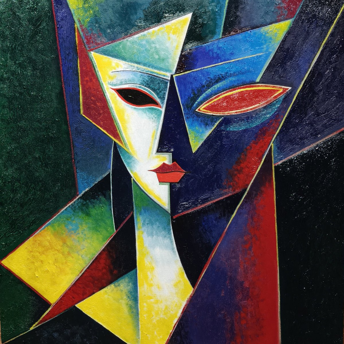 Geometric Oil Painting , Mask Of Emotions By Artrun Asatrian, 24 X 24, Artwork For Sale On Artfinder