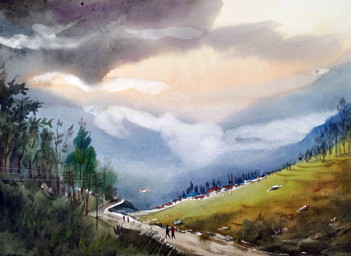 Impressionistic Landscape Watercolour By Samiran Sarkar, 15 X 11", Cloudy Himalaya Mountain, Original Artwork