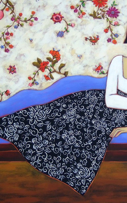 Reclining Woman with Black and White Rose Dress by Karen Rieger