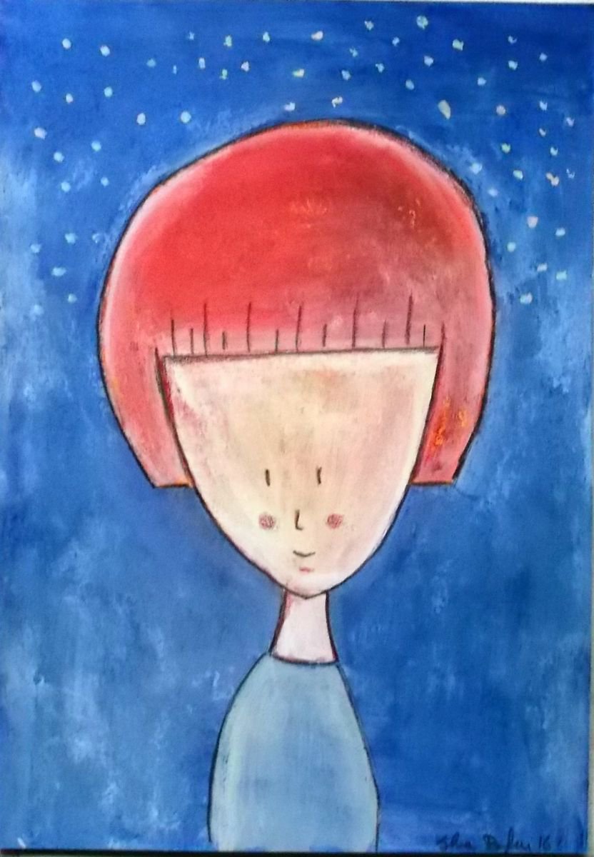 girl with red hair original painting- funny illustration - girl portrait wall art by Silvia Beneforti
