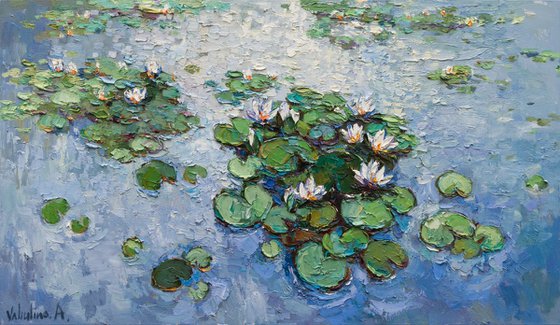 White Water Lilies - Large Original Oil painting 120 x 70 cm