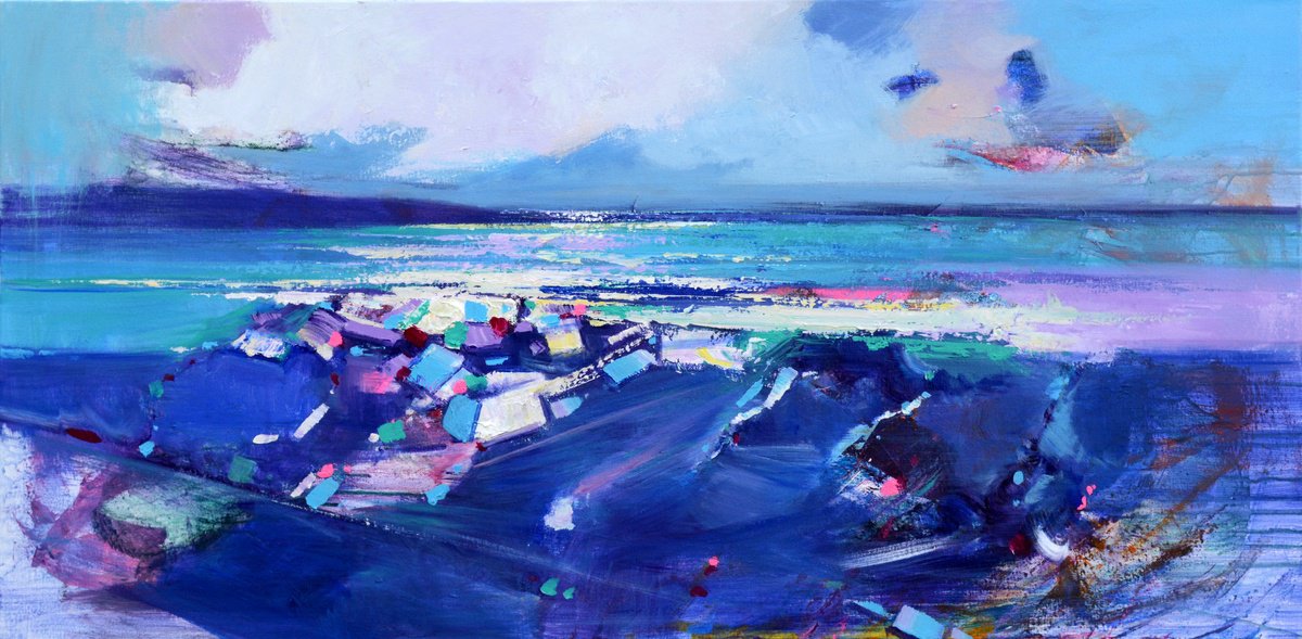 Abstract Acrylic Painting By Jianzhe Chon, 47 X 24, Sea And Sky Abstract 055, Original Artwork