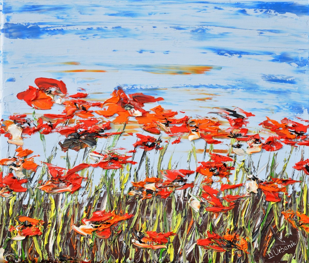 Impressionistic Botanical Oil Painting By Daniel Urbani?k, 14 X 12, A Meadow Full Of Poppies 3, Original Artwork