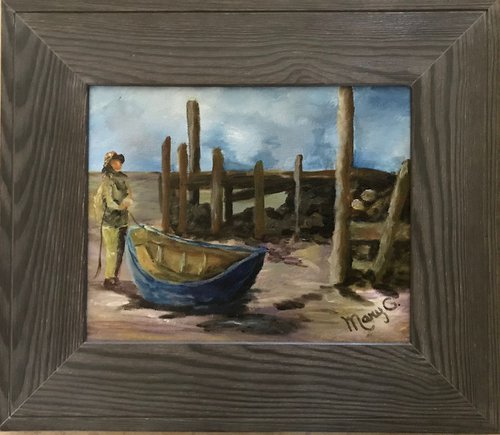 Fisherman working by the Dock Rainy Seascape Original Painting Beach House Decor by Mary Gullette