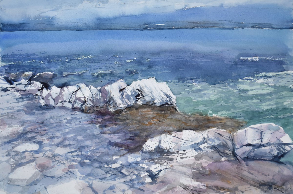 Expressive Landscape Watercolour By Goran Zigolic Watercolors, 22 X 15, Seashore, Original Artwork