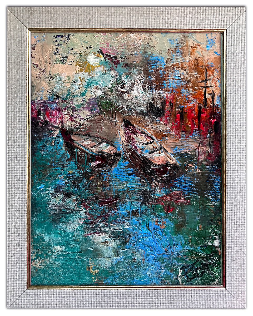 Impressionistic Landscape Oil Painting By Eleonora Bakalova, 13 X 17, Lonely Boats, Original Artwork