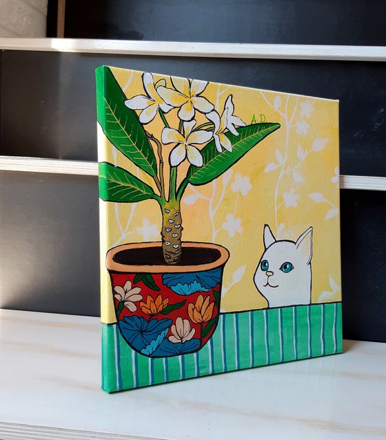 "Curious cat and plumeria in red floral pot." Maximalist Modern Matisse-Inspired Original Painting