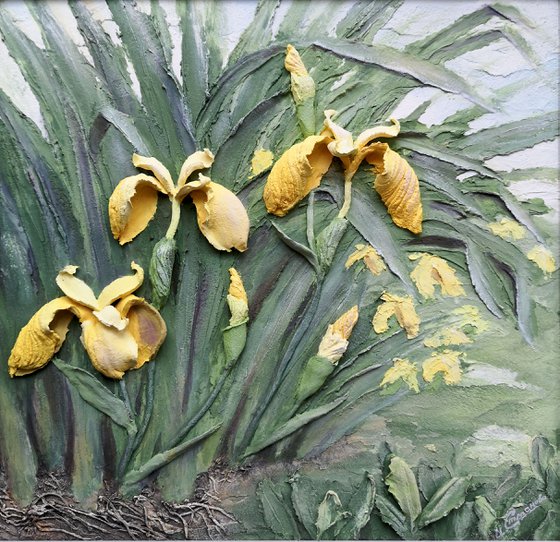 Yellow irises - the landscape of a summer flowering garden-3D-painting, , 30x30x4 cm depts