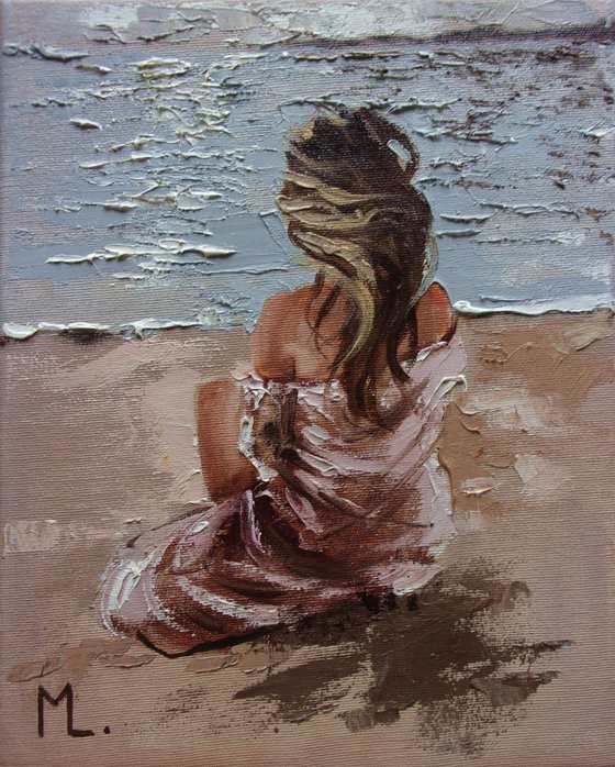 " LISTENING TO SILENCE ... " SUN SKY SEA SAND liGHt  ORIGINAL OIL PAINTING, GIFT, PALETTE KNIFE