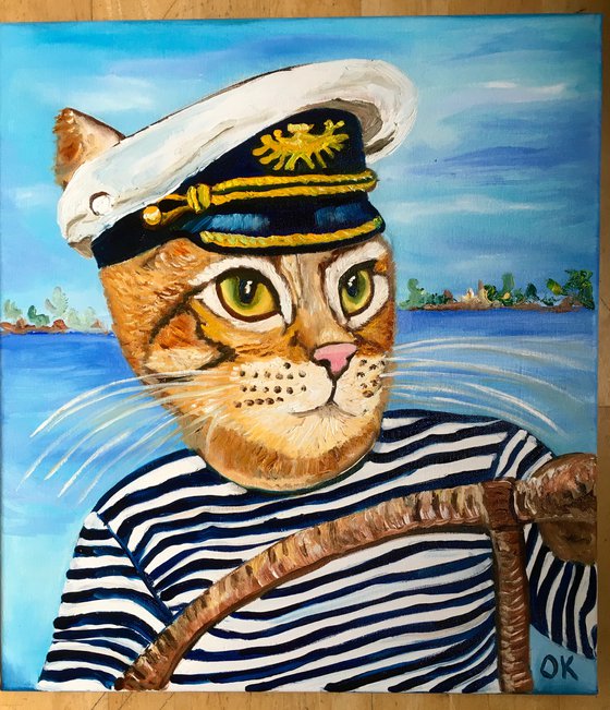 Troy The  Cat- Captain  oil painting for cat lovers.