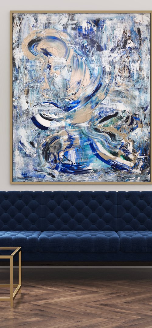 Gold And Blue Abstract Large - Peninsula by Annette Spinks