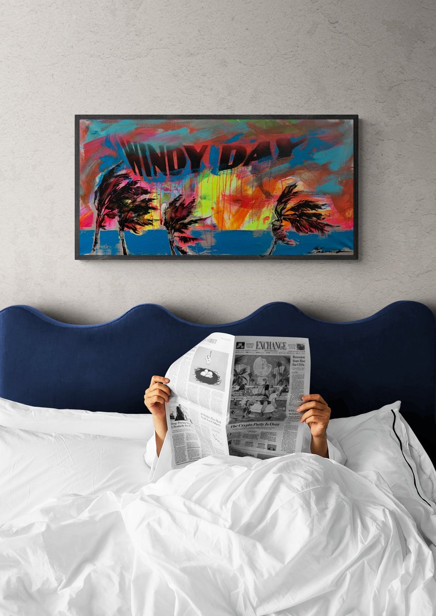 Urban And Pop Landscape Acrylic Painting By Yaroslav Yasenev, 35 X 18", Windy Day, Original Artwork