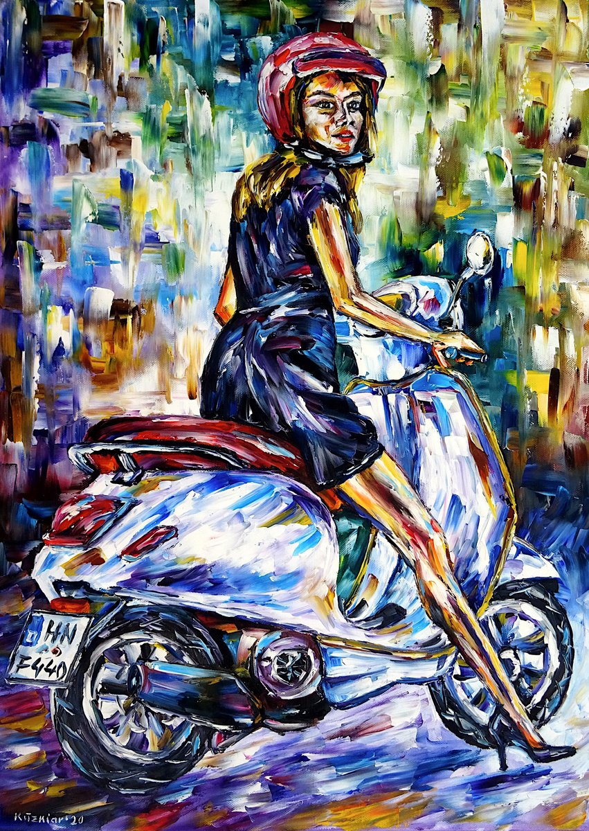 Expressive Oil Painting , Vespa Girl By Mirek Kuzniar, 20 X 28, Artwork For Sale On Artfinder