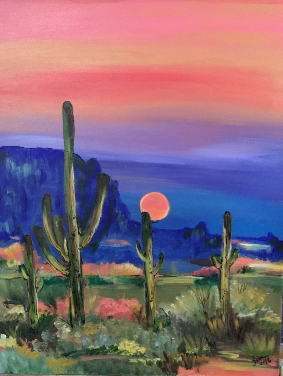 Impressionistic Landscape Acrylic Painting By Carolyn Shoemaker (Soma), 22 X 28, Desert Sunset, Original Artwork