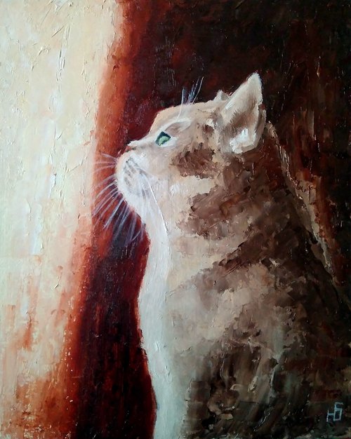 By the window, Cat Oil Painting Original Art Сute Kitten Wall Art Kitty Artwork by Yulia Berseneva