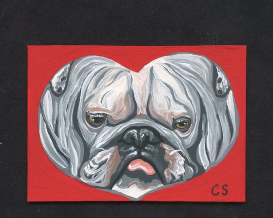 ACEO ATC Original Painting English Bulldog Valentine Pet Dog Art-Carla Smale