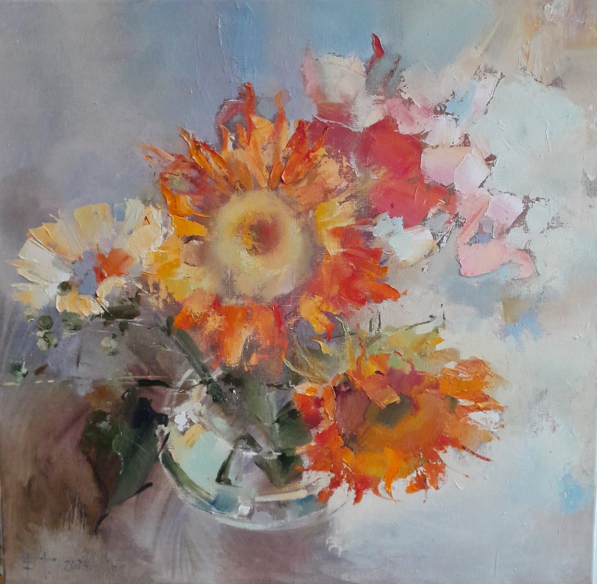 Impressionistic Botanical Oil Painting By Tatyana Barinova, 28 X 27", Nothing Unusual, Original Artwork