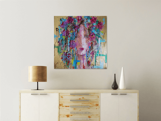 Welcome Spring -Woman portait acrylic painting on canvas