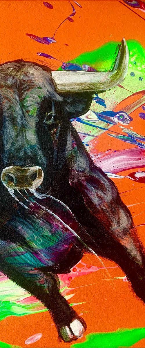 bull on orange background by Anzhelika Klimina
