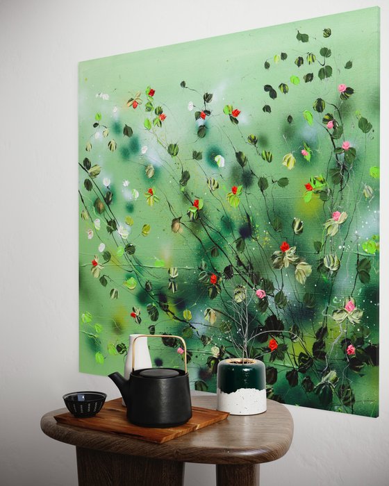 "Akai Hanabira" modern textured green floral painting