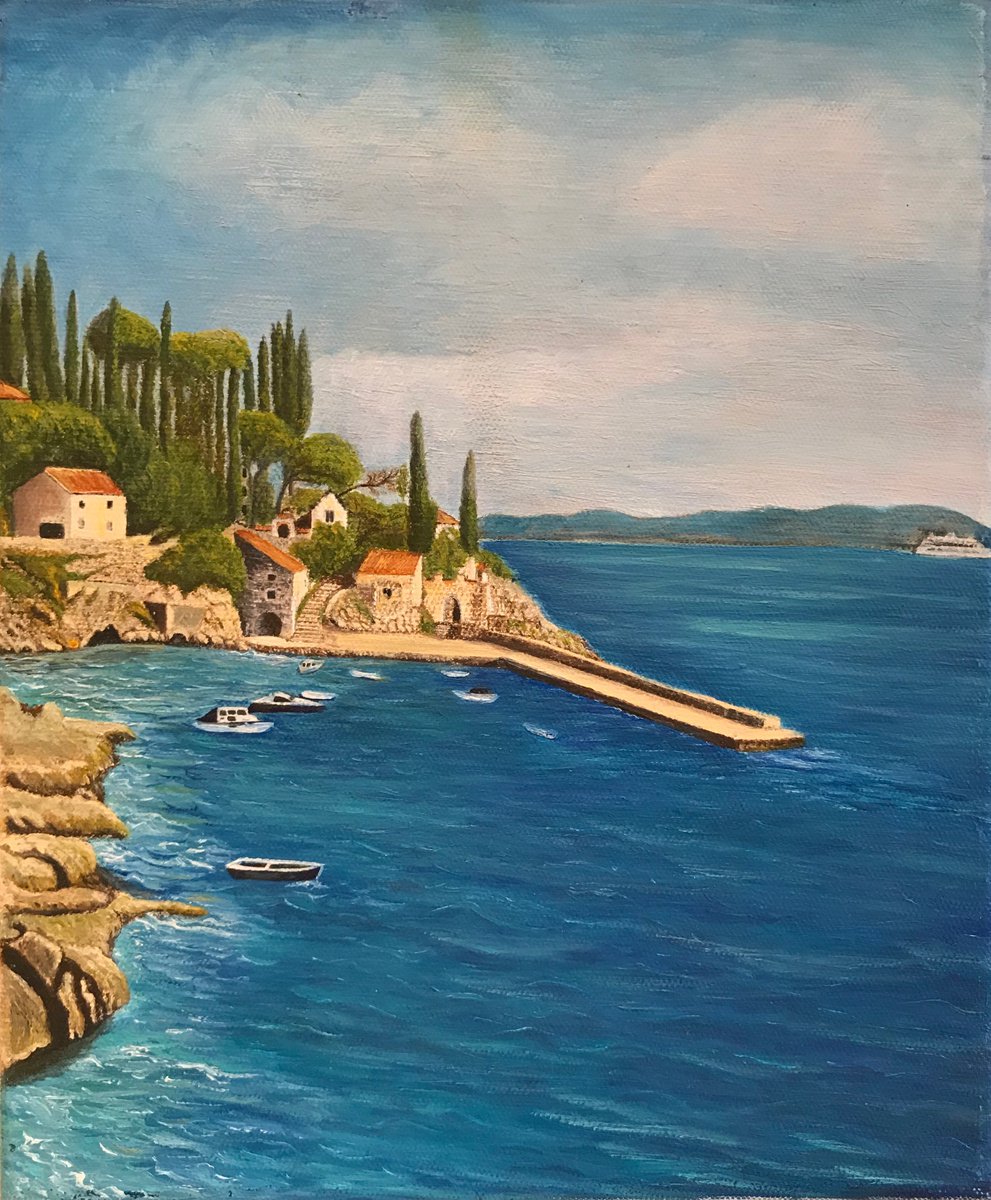 Original oil painting The pier in Croatia 25x30 cm (2014) by Evgeniya Roslik