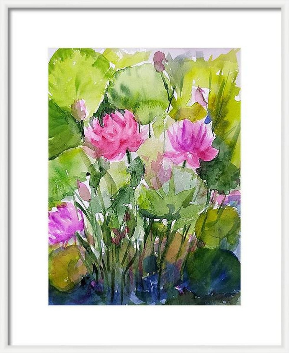 Impressionistic Botanical Watercolour By Asha Shenoy, 8 X 11, Garden Pond Water Lilies -2., Original Artwork