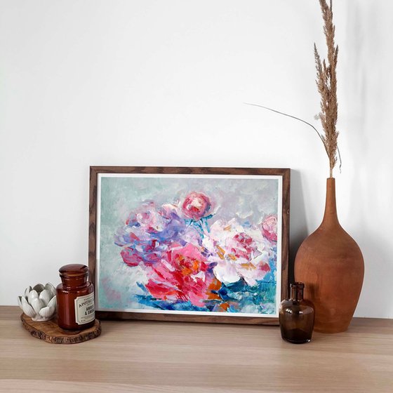 Peonies Painting Original Art Pink Floral Artwork Abstract Small Flower Wall Art