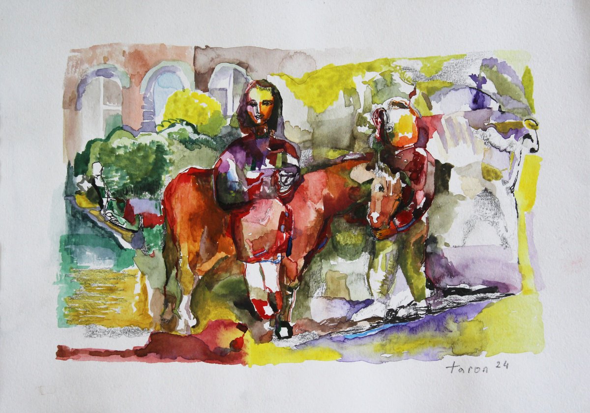 Graphic Portrait Watercolour By Taron Khachatryan, 11 X 8", Walking A Horse, Original Artwork