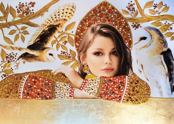 Custom portrait from a photo Queen \ Princess. Art commission. Large painting, mixed media photo collage with precious stones, rhinestones, gold petal