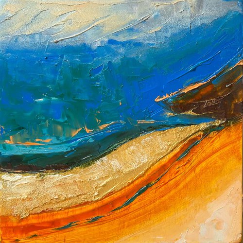 River Shore: Original Miniature Painting Abstract Landscape Oil Textured with Palette Knife Inspired by Columbia River by Talya Johnson