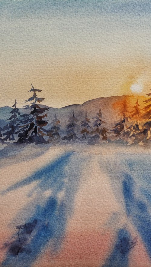 Snowy forest at sunset by Delnara El