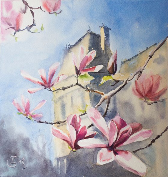 Magnolias in Paris. Original watercolor. Small size paris spring france pink flowers landscape nature decor interior gift